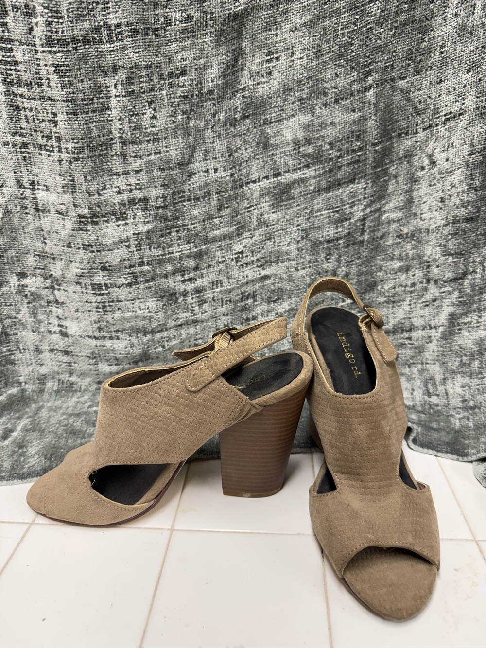 Indigo Taupe Peep-Toe Slingback Block Heel Booties